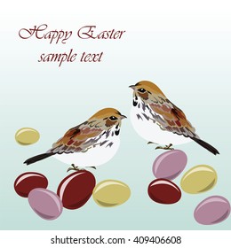 Happy Easter Card with birds and eggs. Watercolor technique illustration