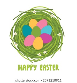 Happy Easter card  with bird's nest ,eggs and flowers. Vector design for holiday decor. Green, blue, yellow and pink colors on white background. Festive banner template, poster. Flat illustration.