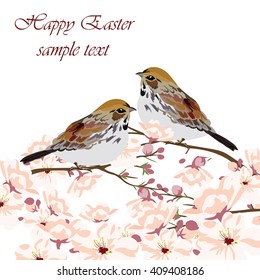 Happy Easter Card with birds and spring flowers. Watercolor technique illustration