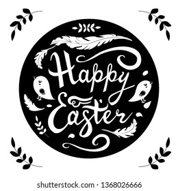 happy Easter card black and white  hand drawn lettering phrase with birds, feathers and herbs isolated on white.  Vector illustration