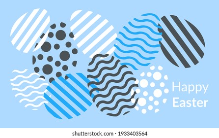 Happy Easter card with black, white, blue eggs. Perfect for holiday decoration and spring greeting cards, banner, flyer, invitation,poster. vector.