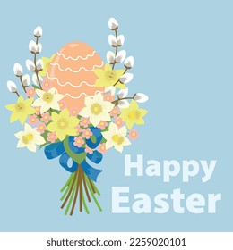 Tarjeta feliz de Pascua con ramo. Flores de narciso lindo con sauce y huevo. Ilustración del vector