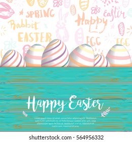 Happy Easter card in bright colors with Typographical Background, eggs in wooden box