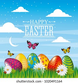 happy easter card bright eggs butterfly field sky