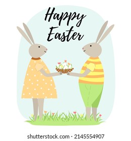 Happy Easter card with bunnies with a basket of eggs on the lawn. Vector illustration