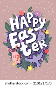 Happy Easter card with bunnies, bird, flowers, leaves, eggs and text. Hand drawn vector flat illustration. for postcard, poster, book cover. isolated by layers.