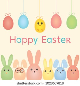 Happy easter card. Easter bunnies, chicken and easter eggs. Vector illustration
