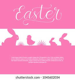 Happy Easter Card With Bunnies And Chicken Hand Drawn Calligraphy Element Background Vector Illustration