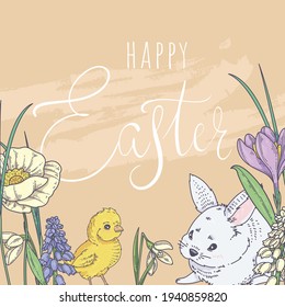 Feliz Pascua. Tarjeta con conejillos, pollitos y flores de primavera
