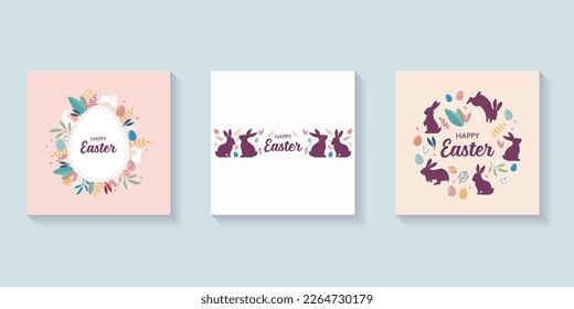 Happy easter card with bunnies collection. Banner set. Vector illustration