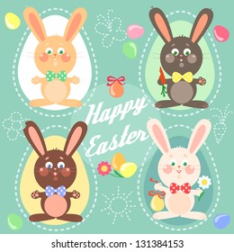 Happy Easter card with easter bunnies, eggs and text. Abstract