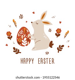 Happy Easter card with  Bunnies, Easter eggs, flowers in trendy style. Folk art. Vector illustration 