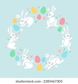 Carta feliz de Pascua con conejitos y huevos. Diseño de ilustración vectorial de vacaciones minimalista en forma circular