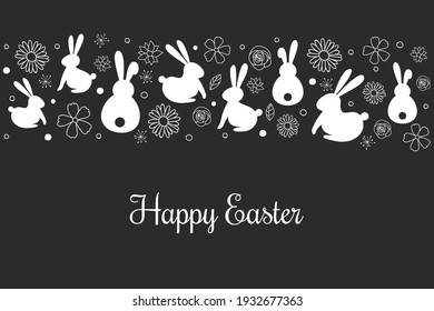 Happy Easter. Card with bunnies and flowers. Vector