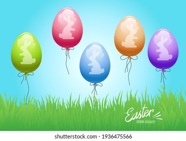 Happy Easter card with bunnies silhouette on balloons background. Vector illustration.