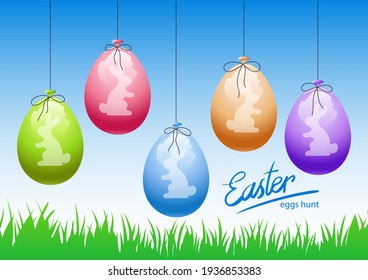 Carta feliz de Pascua con silueta de conejitos sobre fondo de globos. Ilustración vectorial.