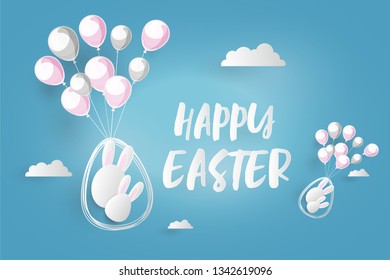 Happy Easter card with bunny  and  air balloon on blue sky background. Vector illustration. 