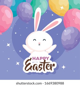 happy easter card with bunny and balloons helium vector illustration design