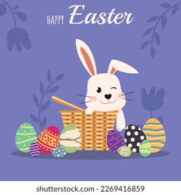 A happy easter card with a bunny in a basket.