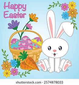 Happy Easter card with Bunny, basket, carrot and flowers