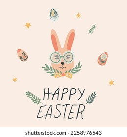 Happy Easter card with bunny in a bow tie, lettering, flowers and easter eggs. Hand drawn vector illustration in cute advent, greeting card, banner, t shirt, print, decoration and more. 