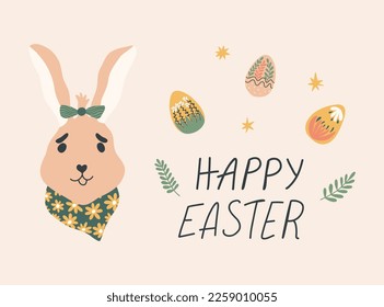 Happy Easter card with bunny in bow and bandana, lettering, flowers and easter eggs. Hand drawn vector illustration in cute advent, greeting card, banner, t shirt, print, decoration and more. 