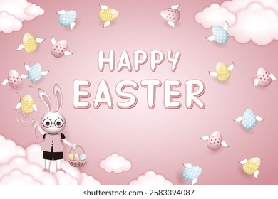 Happy Easter card, Bunny boy in glasses holds a basket of Easter eggs and ribbons tied to flying Easter eggs with wings on pink backgraund with clouds and flying easter eggs with wings