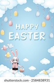 Happy Easter card, bunny boy in glasses holding a basket with Easter eggs and ribbons tied to flying Easter eggs with wings on a blue background with clouds and Easter eggs attached with ribbons