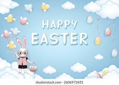 Happy Easter card, Bunny boy in glasses holds a basket of Easter eggs on blue background with winged easter eggs, clouds and easter eggs tied with a ribbon to the clouds