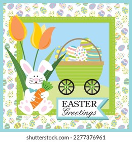 Happy easter card with bunny, carrot, tulips and basket