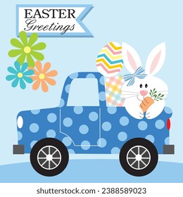 Happy easter card with bunny. carrot and eggs on the car