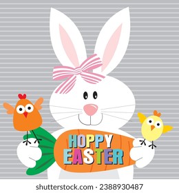 Happy easter card with bunny, carrot and chicken