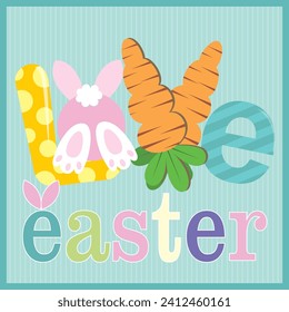 Happy easter card with bunny, carrot and love text