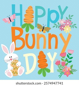 Happy Easter card with bunny, carrot, flowers and lettering