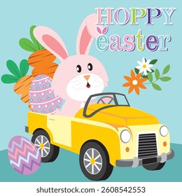 Happy easter card with bunny, carrot and egg on the car