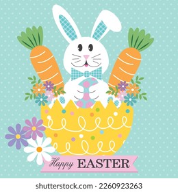 Happy easter card with bunny and carrots on the egg shell