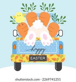 Happy easter card with bunny, carrots and chick on the car