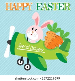 Happy Easter card with bunny and carrots on the plane