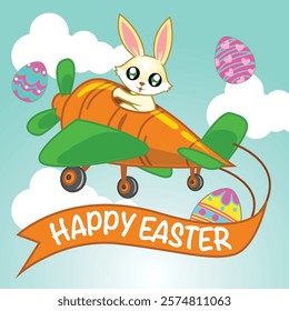 Happy Easter card with bunny and carrots on the plane