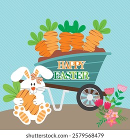 Happy Easter card with bunny and carrots in the cart