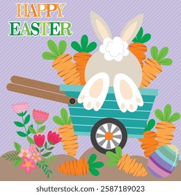 Happy Easter card with bunny and carrots on the cart