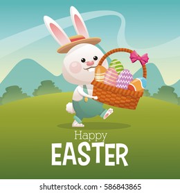 happy easter card bunny carrying basket egg landscape