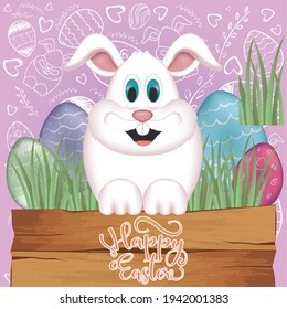 Happy easter card. Happy easter bunny cartoon with easter eggs - Vector
