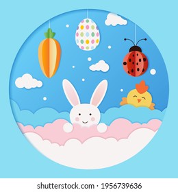 Happy Easter card with bunny, chick, ladybug, carrot and egg blue sky background. Vector illustration. Paper cut and craft style.