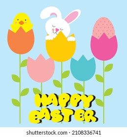 Happy easter card with bunny, chick and eggs