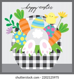 Happy easter card with bunny, chick, carrots and eggs in the basket