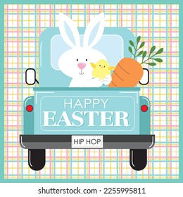 Happy easter card with bunny, chick and carrot on the car