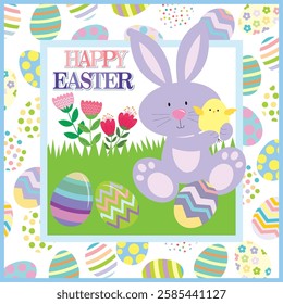 Happy Easter card with bunny, chick and eggs