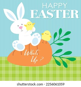 Carta feliz de Pascua con conejo, pollo y zanahoria