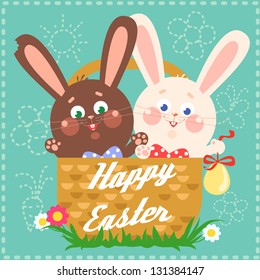 Happy Easter card with easter bunny and chocolate bunny in a basket and text on it. Abstract